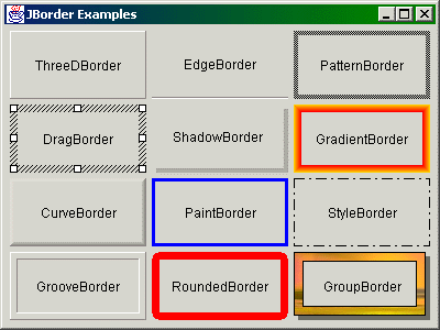 Figure 1: Border defaults are shown. The GroupBorder is 
composed of four borders, two of them a simple black LineBorders, with a ShadowBorder on the outside. The image
is part of a PaintBorder using a TexturePaint.