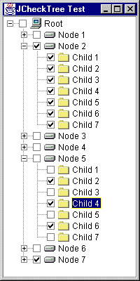 Figure 1: JCheckTree Test in action. By default 
high-level select and deselect operations are automatically propagated down child nodes.