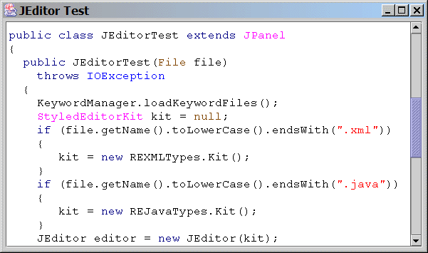 Figure 1: JEditor displaying syntax-highlighted Java source code.
