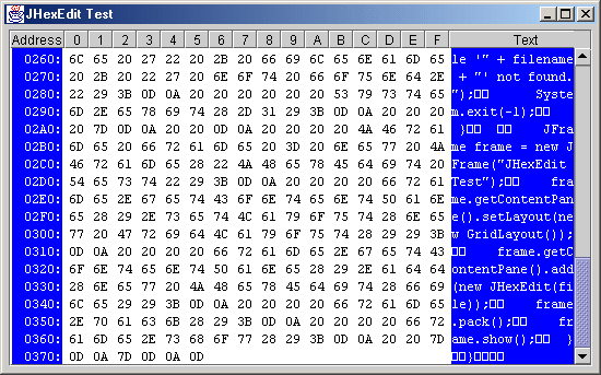 Figure 1: JHexEdit at work. The left and right
columns are not editable, nor are the black values at the end of the file, but you can change any hex 
value by double-clicking on it.