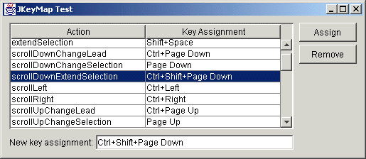 Figure 1: JKeyMap allows you to edit InputMap assignments.
The interface provides a KeyStrokeField to do the editing so that key assignments can be easily managed.