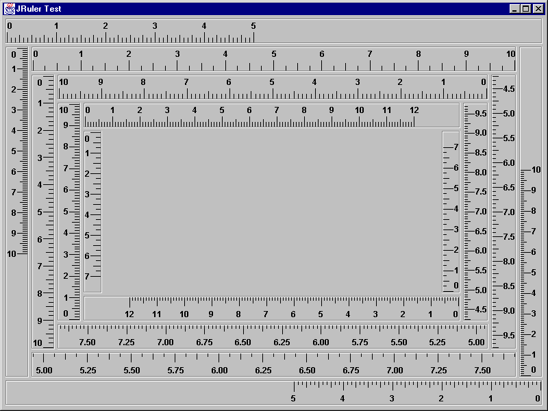 Figure 3: JRulerTest showing fixed and 
variable rulers, in forward and backward, with varying tick mark and occasional anchor/extend settings.