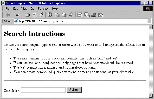 Figure 4: The Search Page. This page can be
customized as you like. To make the results appear in another window, you can use the FORM tag's TARGET attribute.
The instructions can be improved or removed, as you see fit.