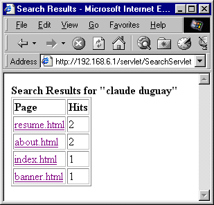 Figure 5: Search Results. The result list is
sorted by the number of hits found in each page. For the string "claude duguay", the conjunction
is assumed to be OR, so the two hits on the first two results indicate that either claude or duguay were
found twice or both were found once each.