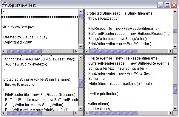 Figure 1: JSplitView in action. The four views
show the same plain text model, which is shared across multiple instance of JExitArea, each navigable 
independently.