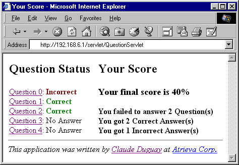 Figure 5: The Score page lets you know what the current
score is, along with the status of each question and a link back to it. Questions which are marked as "
No Answers" are still editable, but answered questions are not. The right column shows overall statistics.