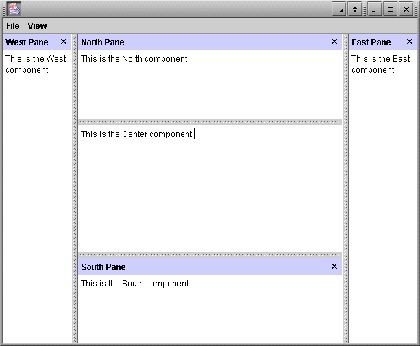 Figure 1: Two nested JWindowPane, the outside one
is VERTICAL and the inside one is HORIZONTAL. Each JWindowPane has two edge windows and a center component.